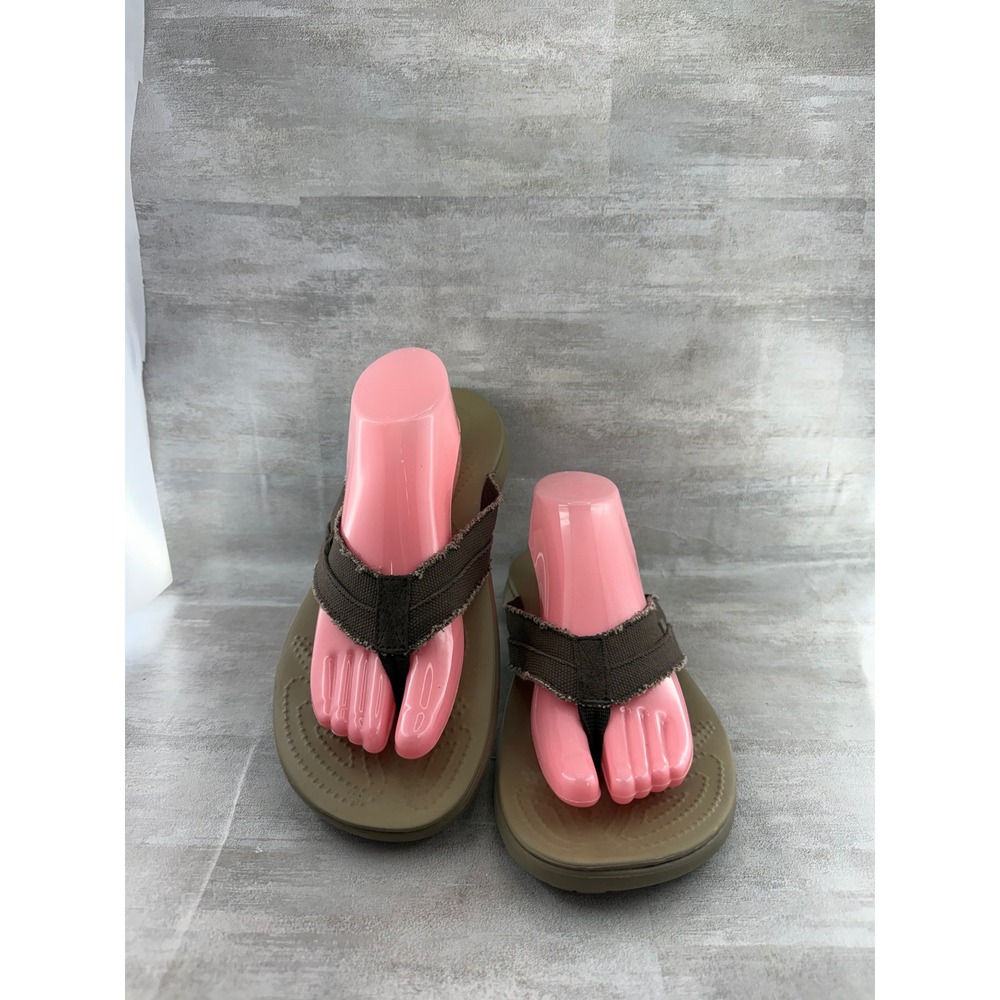 Crocs Santa Cruz Flip Flops Men Sz 11 Brown Canvas Frayed Sandals Dual Comfort